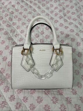 Aldo White Croc-Embossed Top-Handle Purse with Clear Chain